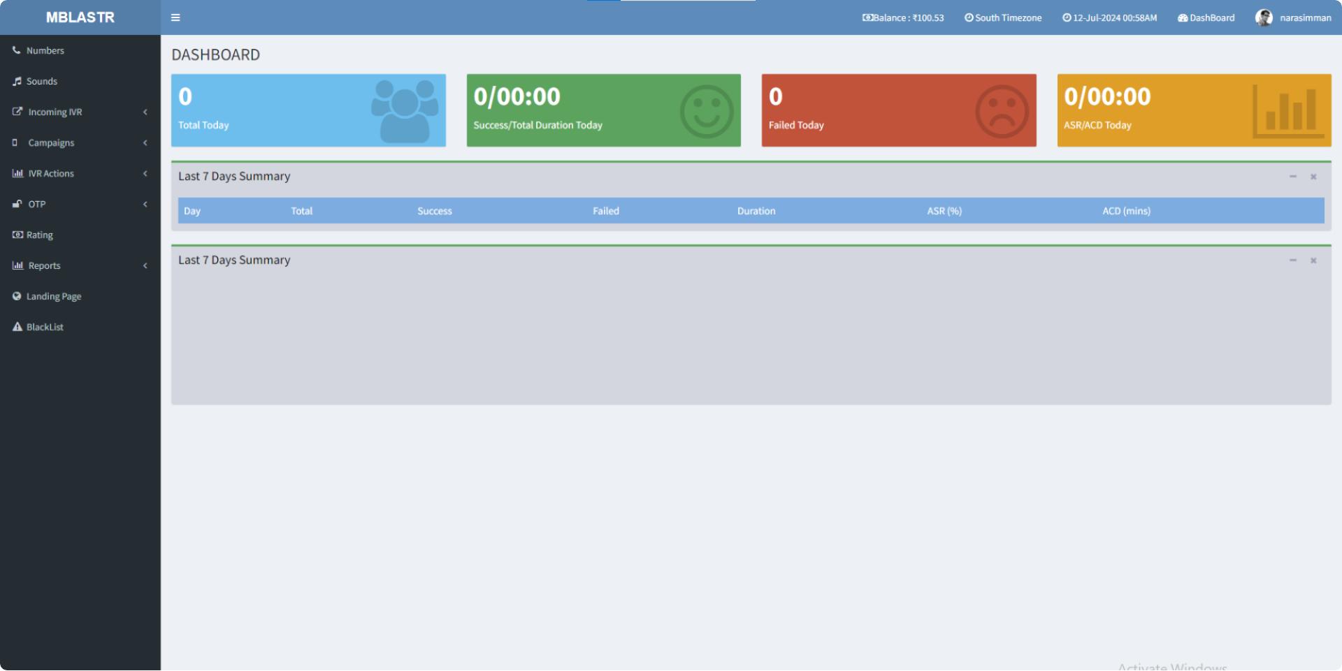 mblastr dashboard home with campaign summary